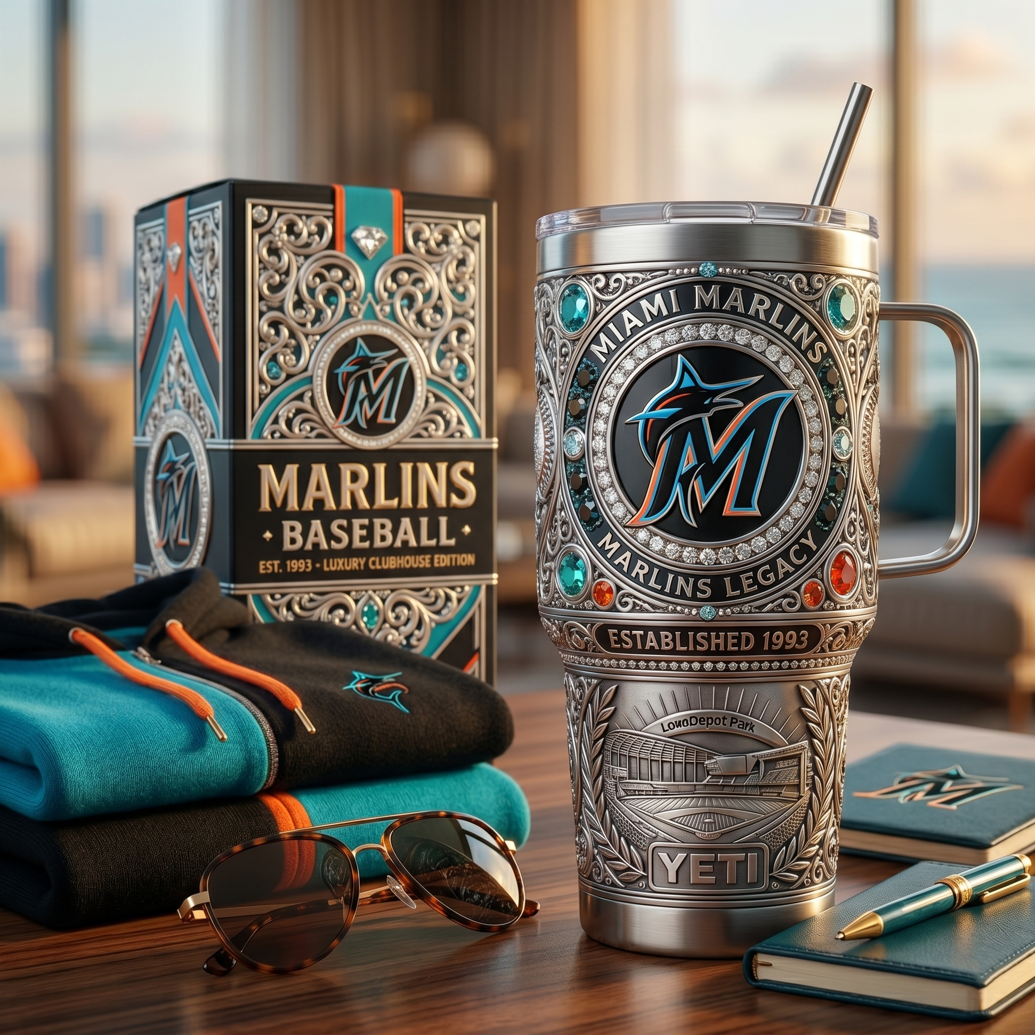 Miami Marlins 40 oz Tumbler with Handle and Lid